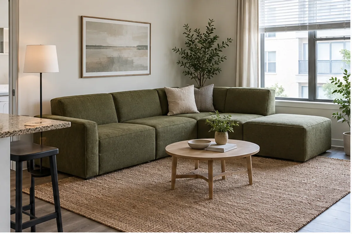 olive sofa in a standardized rental unit
